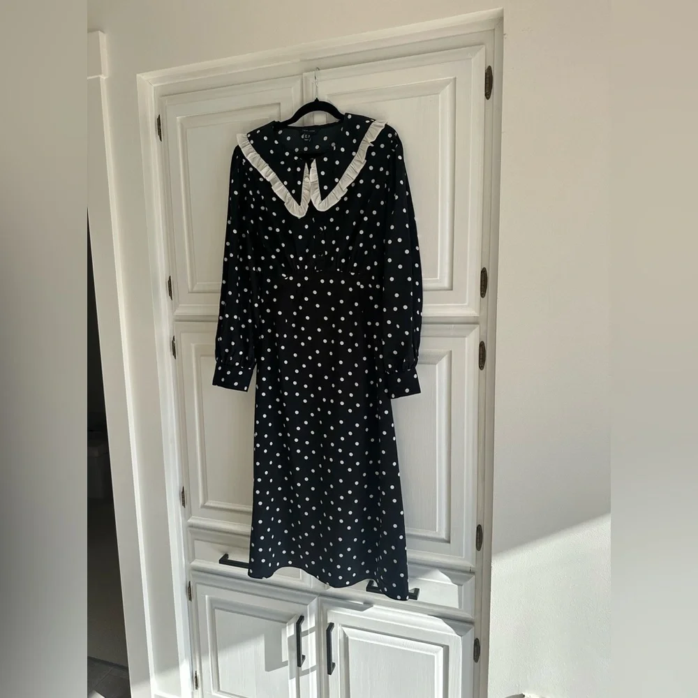 New Look Polka Dot Midi Dress Ruffle Collar Black White US 12 - Picture 4 of 7